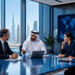Fractional C-level executives discussing business strategy in a modern Middle East boardroom