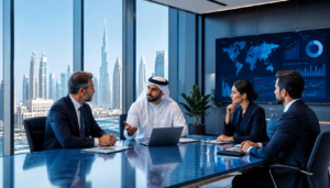 Fractional C-level executives discussing business strategy in a modern Middle East boardroom