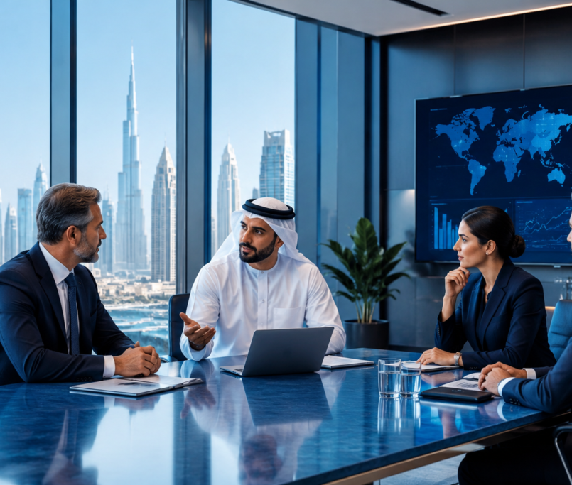 Fractional C-level executives discussing business strategy in a modern Middle East boardroom