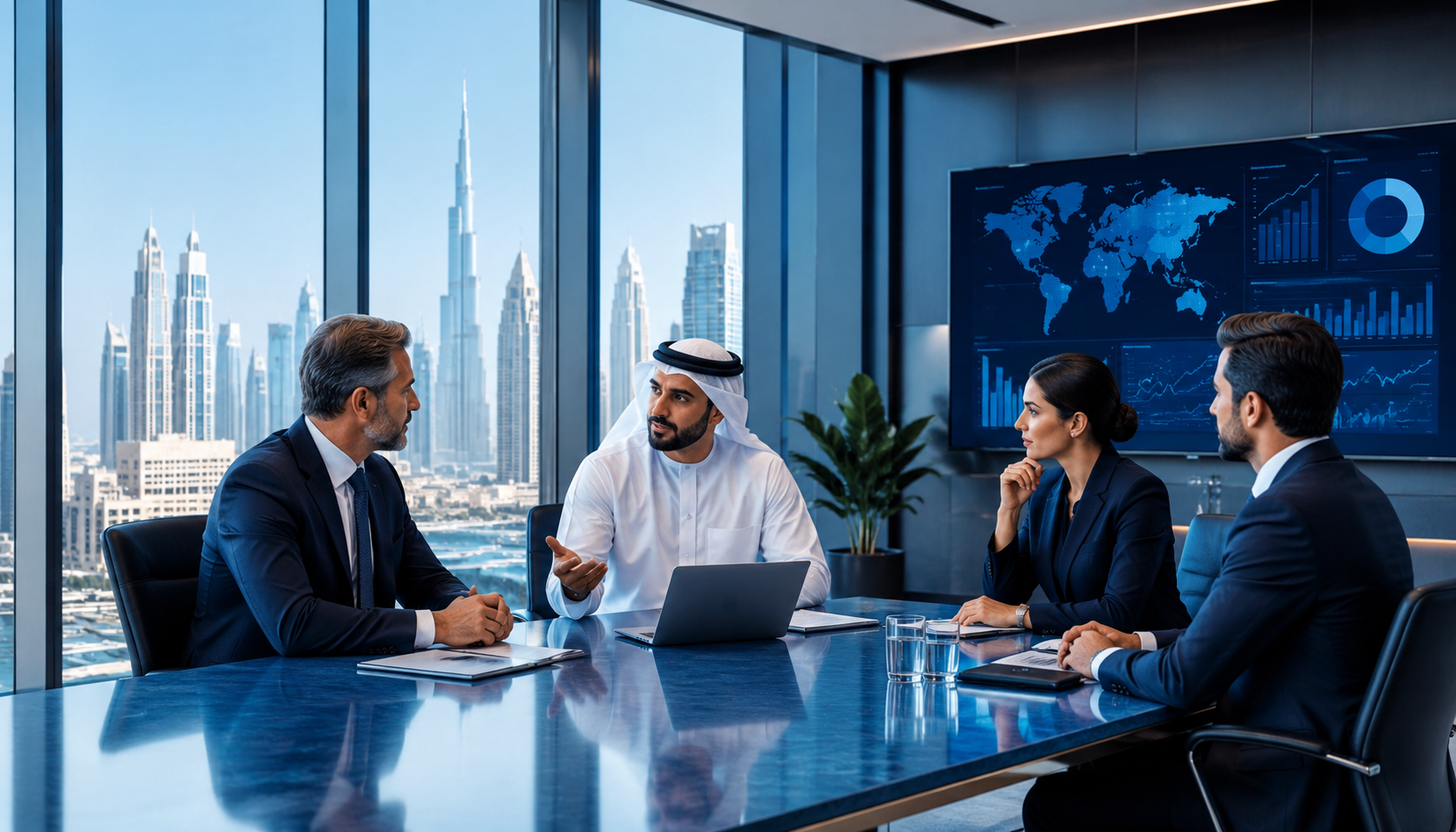Fractional C-level executives discussing business strategy in a modern Middle East boardroom