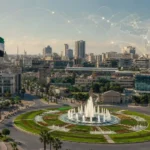 Damascus Umayyad Square with the Syrian flag and subtle digital network lines representing BPO growth, service exports, and economic transformation in Syria.