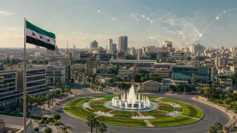 Damascus Umayyad Square with the Syrian flag and subtle digital network lines representing BPO growth, service exports, and economic transformation in Syria.