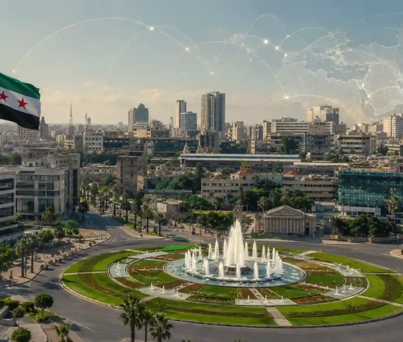 Damascus Umayyad Square with the Syrian flag and subtle digital network lines representing BPO growth, service exports, and economic transformation in Syria.