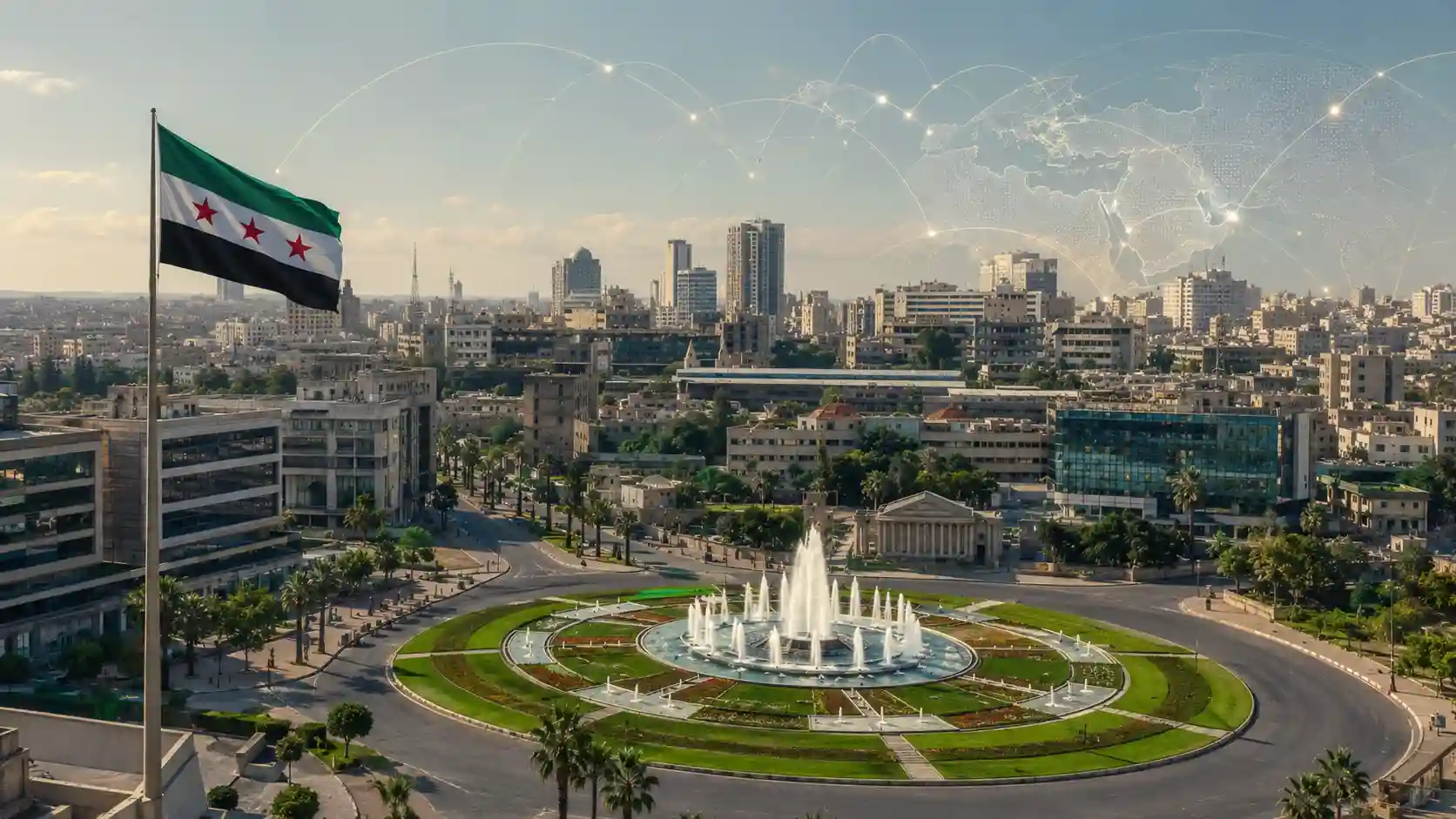 Damascus Umayyad Square with the Syrian flag and subtle digital network lines representing BPO growth, service exports, and economic transformation in Syria.