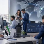 Modern Syrian professionals working in a digital business services office with data dashboards, regional connectivity visuals, and the Syrian flag, representing the future of BPO and economic transformation in Syria.