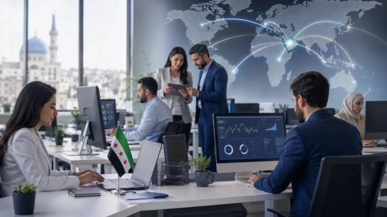 Modern Syrian professionals working in a digital business services office with data dashboards, regional connectivity visuals, and the Syrian flag, representing the future of BPO and economic transformation in Syria.