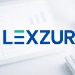Lexzur logo displayed over a blurred workflow automation dashboard.