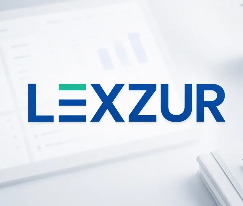 Lexzur logo displayed over a blurred workflow automation dashboard.