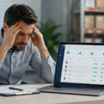 Frustrated inventory manager reviewing product data on a laptop in a modern office.