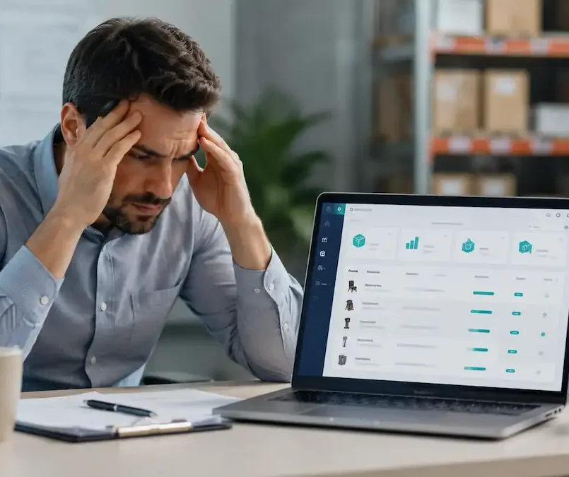 Frustrated inventory manager reviewing product data on a laptop in a modern office.