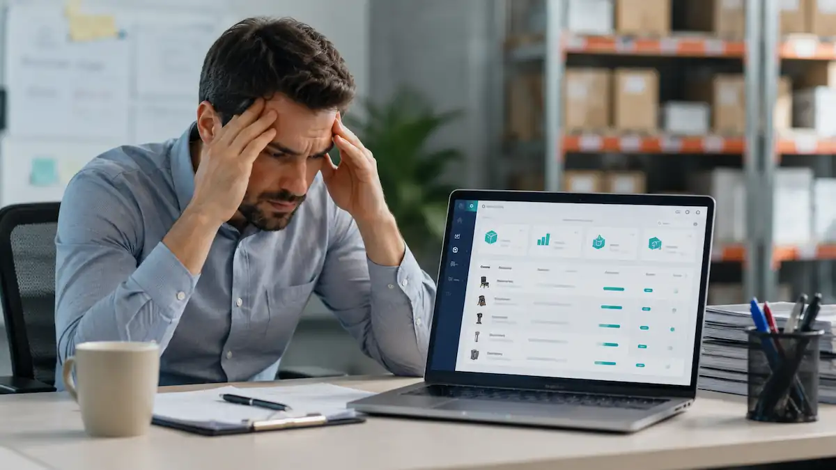 Frustrated inventory manager reviewing product data on a laptop in a modern office.